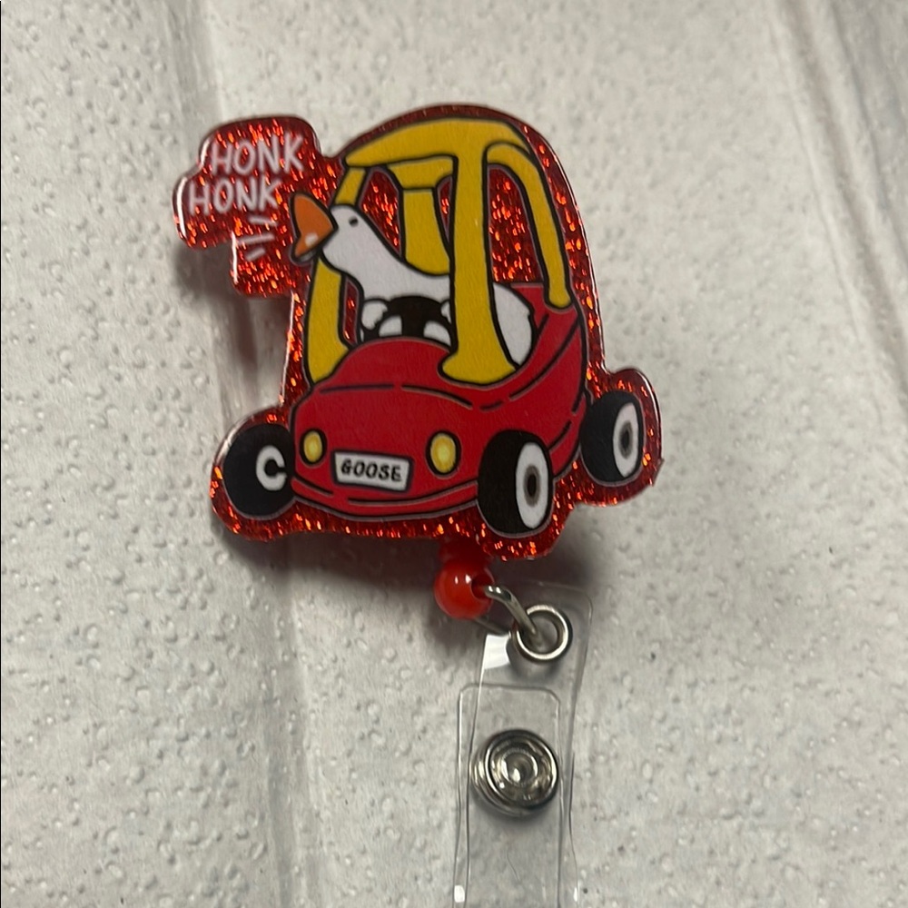 Red Honk Honk Goose Toy Car Badge Reel